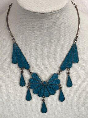 VTG Turquoise Linked Sunburst Raindrops Necklace Statement Mexico Southwestern